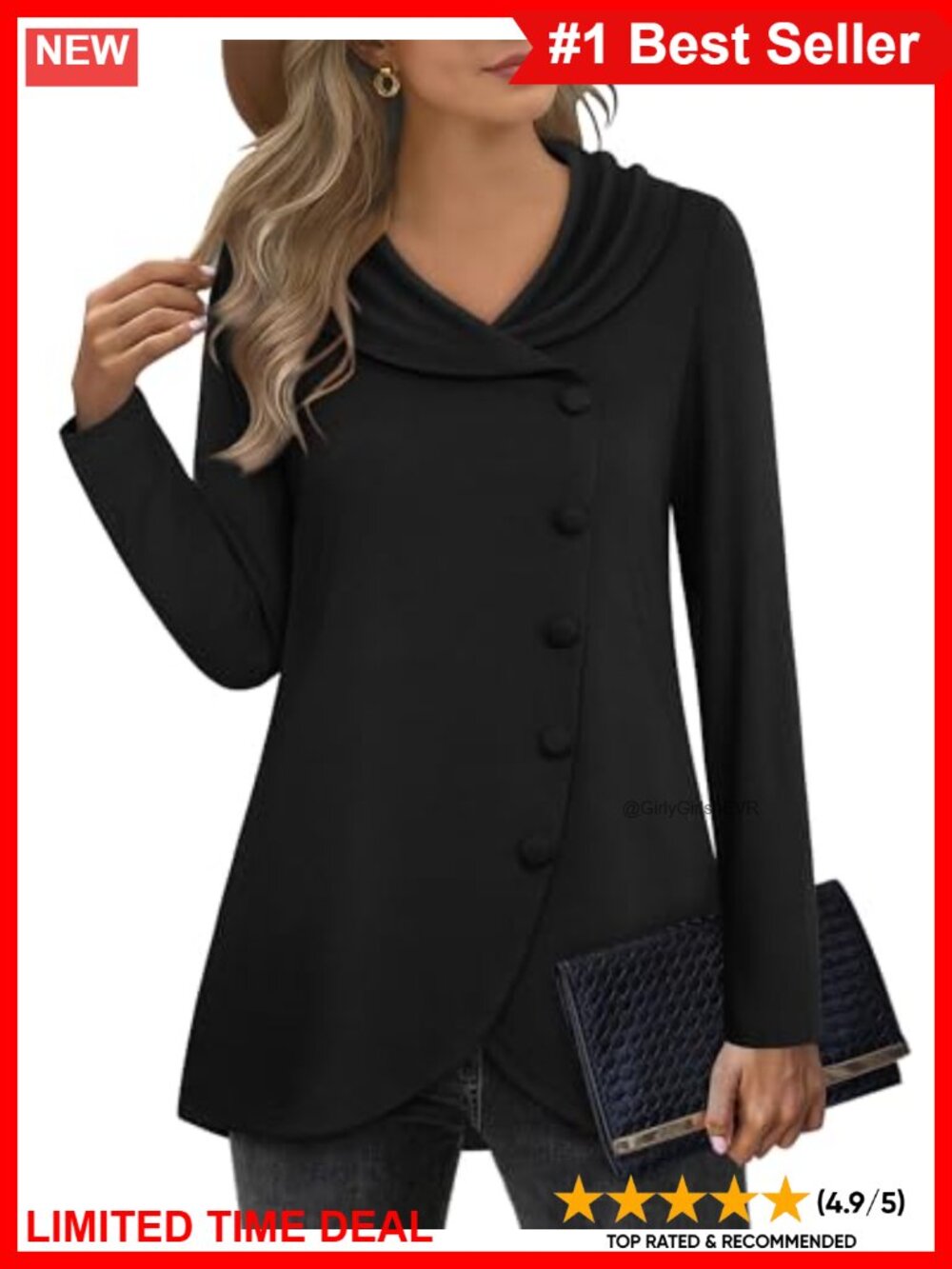 Womens Long Sleeve Tunic Sweatshirt Tulip Hem Button Side Pullover